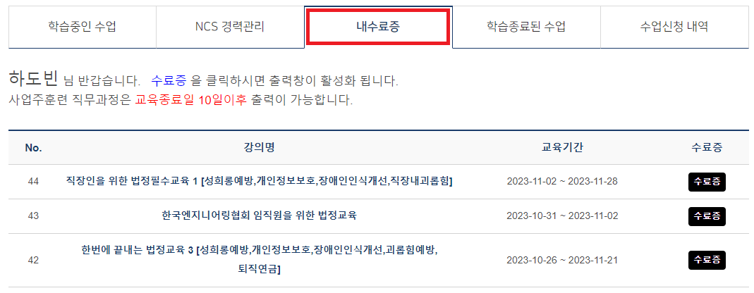 내수료증